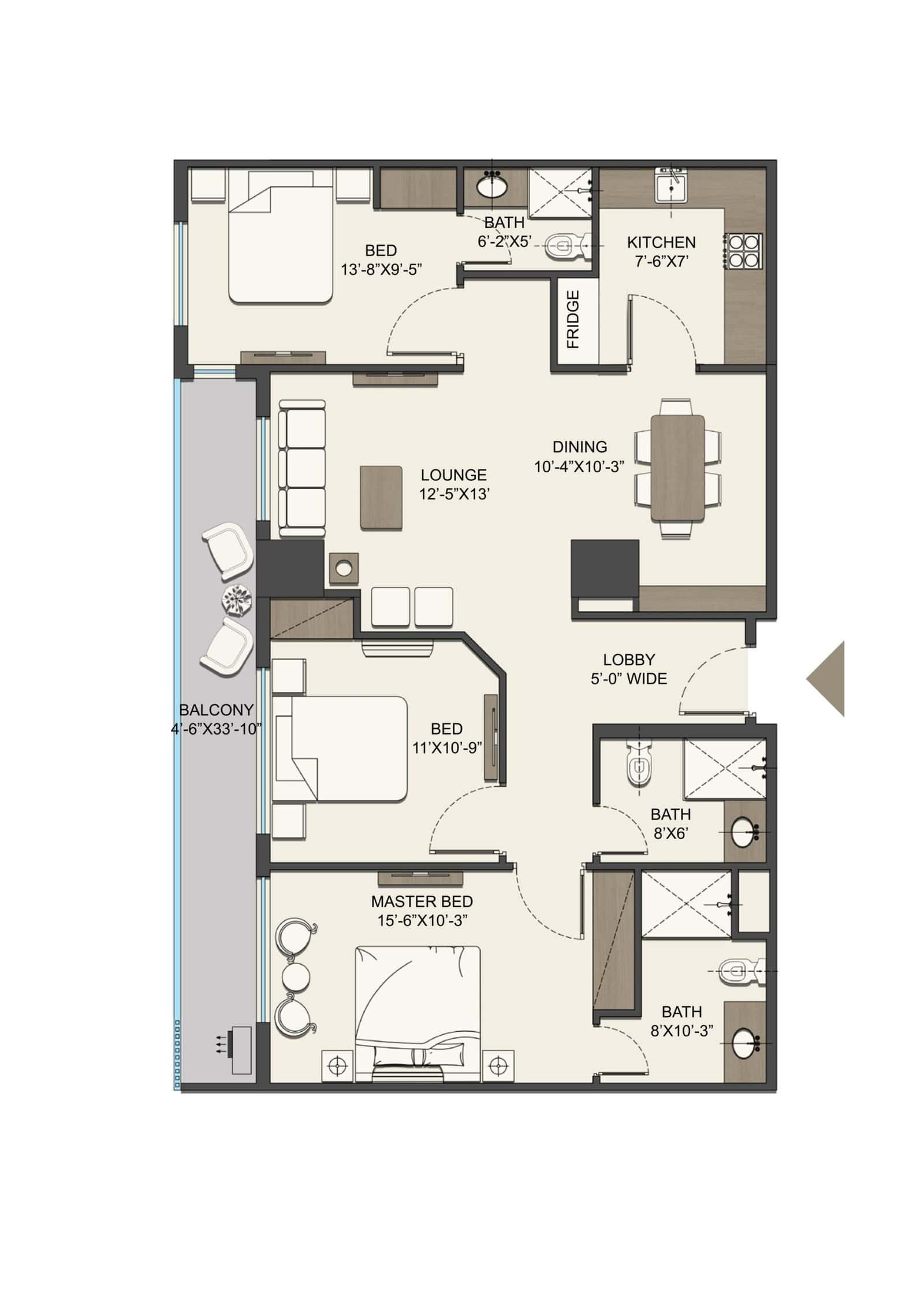 3 Bed Apartment Floor Plan