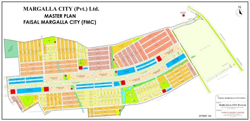 Faisal Margalla City (FMC) master plan showing residential, commercial plots and apartment sites.
