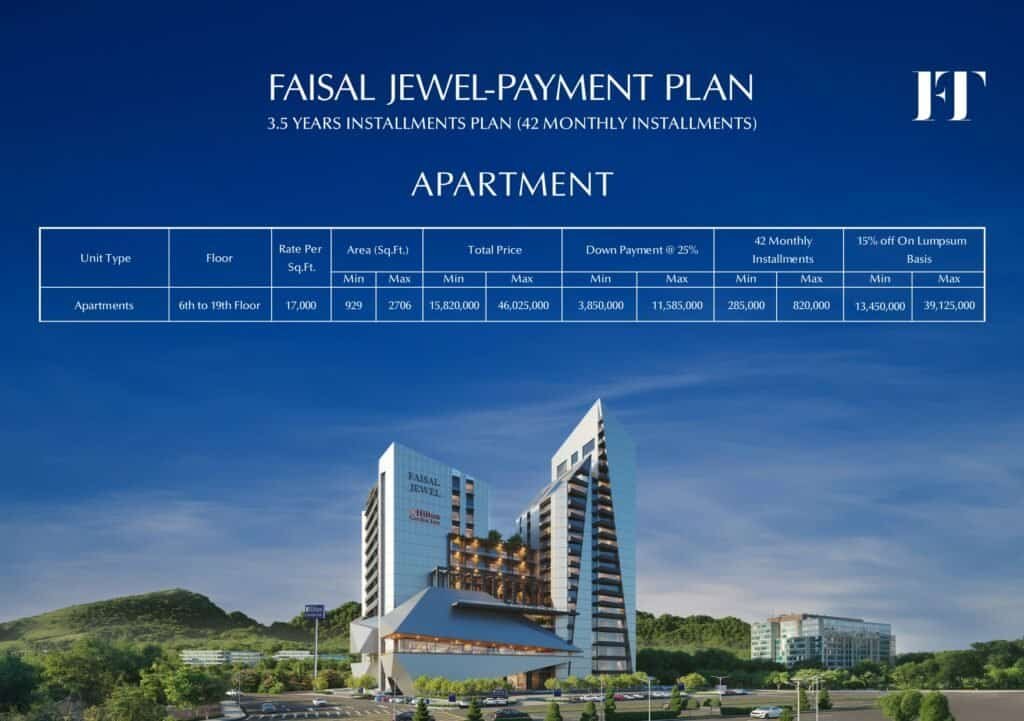 Faisal Jewel apartment payment plan with 42 monthly installments and a 3.5-year payment schedule